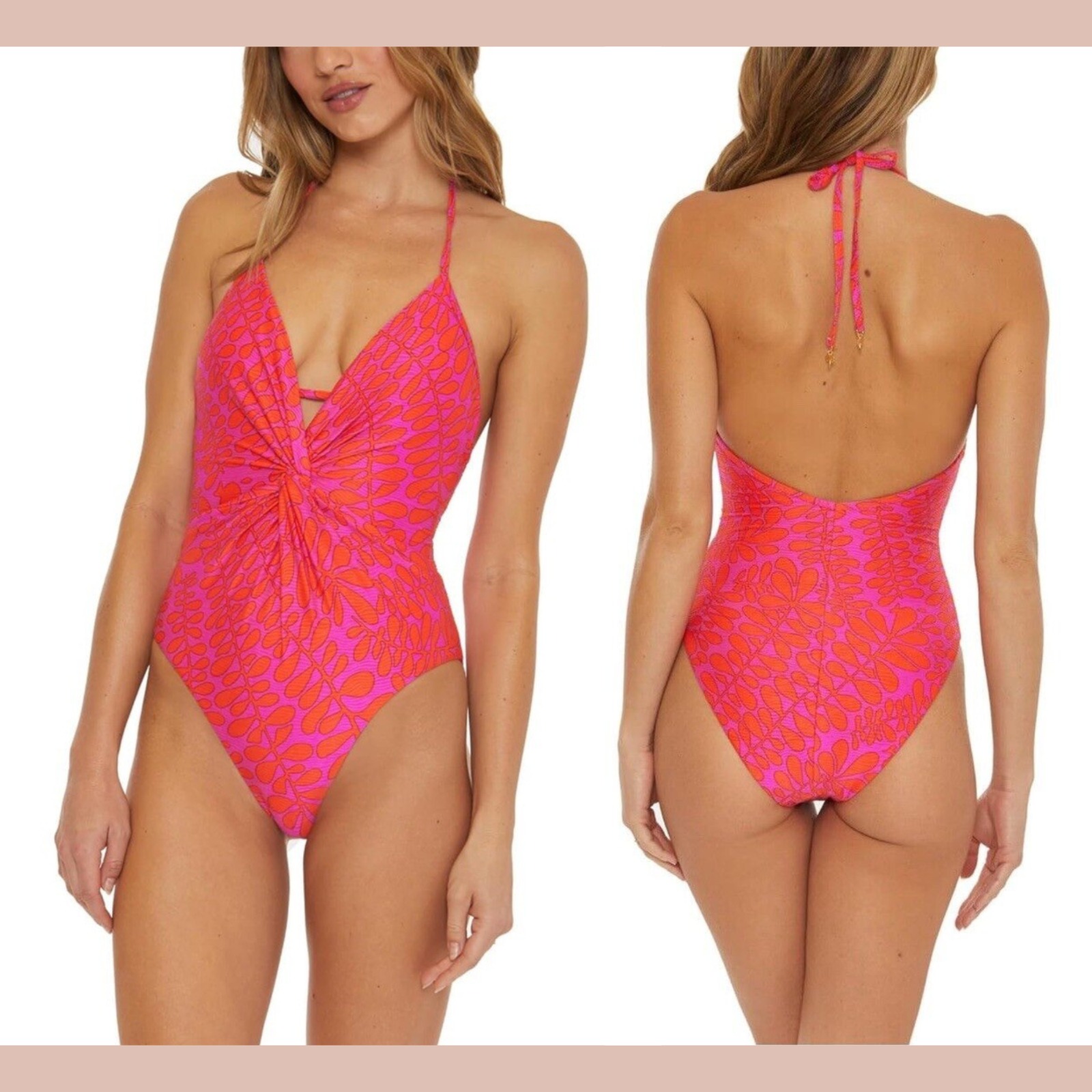 Nwt $184 Trina Turk [ 10 ] Trellis Halter One-Piece Swimsuit Leaf Pink #U1408